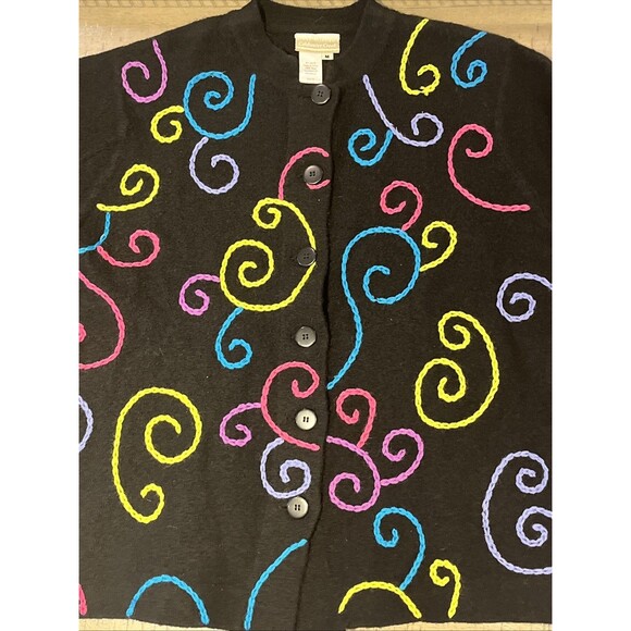Coldwater Creek Womans Medium Black Swirl 100% Wool Button Cardigan Sweater - Picture 2 of 4
